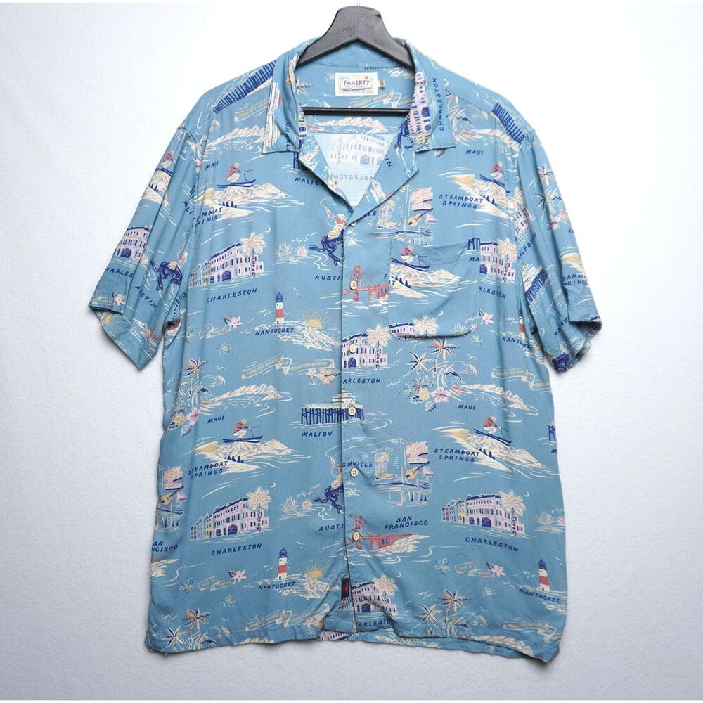 Faherty Beach House Collection Blue Beach Shirt Retro Summer Town‎ Print Size L